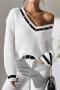 casual slight stretch color-block knitted v-neck button decor all-match sweater_White