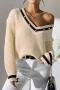 casual slight stretch color-block knitted v-neck button decor all-match sweater_White_Dark Blue_Beige