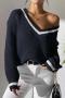 casual slight stretch color-block knitted v-neck button decor all-match sweater_White_Dark Blue