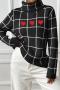 casual slight stretch checkered knitted heart embroidery sweater_Black