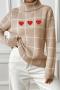 casual slight stretch checkered knitted heart embroidery sweater_Black_Gray_Light Purple_Khaki 