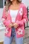 casual slight stretch flower graphic knitted all-match cardigan sweater_Magenta