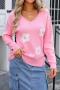 stylish slight stretch knitted two colors flower jacquard v-neck sweater_Black_Pink