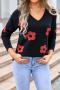 stylish slight stretch knitted two colors flower jacquard v-neck sweater_Black