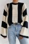casual slight stretch loose contrast color striped thin knitted sweater_Beige