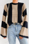 casual slight stretch loose contrast color striped thin knitted sweater_Beige_Khaki 