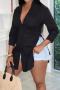casual plus size non-stretch 7 colors single-breasted slit side blouse_Black