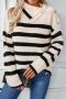 casual simple slight stretch striped knit button lapel long sleeve sweater_Black_Beige
