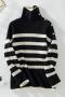 casual simple slight stretch striped knit button lapel long sleeve sweater_Black