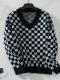 new casual slight stretch contrast color lattice knit v-neck loose sweater_Black