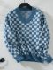 new casual slight stretch contrast color lattice knit v-neck loose sweater_Black_Haze Blue