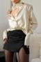 new non-stretch patchwork satin lapel long sleeve blouse(with scarf)_Black_Champagne
