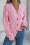new slight stretch solid color knit acrylic cable v-neck long sleeve cardigan_White_Pink