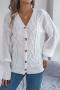 new slight stretch solid color knit acrylic cable v-neck long sleeve cardigan_White
