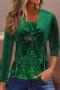 exquisite plus size slight stretch velvet sequin v-neck fake two-piece jacket_Black_Green