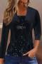 exquisite plus size slight stretch velvet sequin v-neck fake two-piece jacket_Black