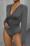 new non-stretch solid color patchwork lace v-neck long sleeve bodysuit_Black_Dark Gray