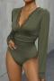 new non-stretch solid color patchwork lace v-neck long sleeve bodysuit_Black_Dark Gray_Rose Red_Forest Green
