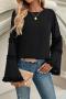 casual non-stretch tatting 4 colors bell-sleeve all-match blouse_Black