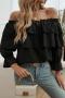 stylish non-stretch 3 colors off shoulder ruffle lace-up all-match blouse_Black