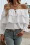 stylish non-stretch 3 colors off shoulder ruffle lace-up all-match blouse_Black_White