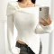casual slight stretch ribbed knit solid color sweaters(size run small)_Black_White