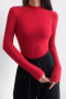 casual slight stretch solid color slim long sleeve bodysuit size run small_Black_White_Red