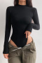 casual slight stretch solid color slim long sleeve bodysuit size run small_Black