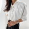 s-l new casual non-stretch solid color chiffon folds long sleeve blouse_Black_White