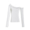 casual stretch solid color sloping shoulder rivet decor knit top size run small_Black_White
