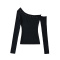 casual stretch solid color sloping shoulder rivet decor knit top size run small_Black