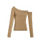 casual stretch solid color sloping shoulder rivet decor knit top size run small_Black_White_Khaki 