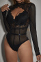 sexy slight stretch mesh stitching lace hollow with underwire bodysuit_Black