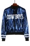 stylish non-stretch zip-up sequin letter star pattern loose casual jacket_White_Blue