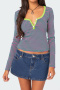 casual stretch contrasting stripe button long sleeve knit t-shirt_Black_Magenta