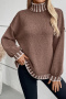 new slight stretch contrast color knit high-neck loose long sleeve sweater_White_Khaki 