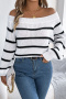 stylish slight stretch one-shoulder knitted striped lantern sleeve sweater_White