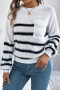 casual slight stretch loose with pocket knitted striped sweater_White
