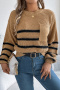 casual slight stretch loose with pocket knitted striped sweater_White_Gray_Khaki