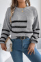 casual slight stretch loose with pocket knitted striped sweater_White_Gray
