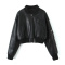 casual non-stretch 3 colors crew neck pu zip-up jacket_Black