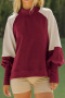casual stretch half high collar contrasting loose long sleeve sweatshirt_Black_Rose Red