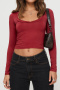 six colors casual stretch square neck long sleeve slim cropped t-shirt_Black_White_Dark Gray_Rose Red