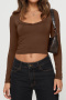 six colors casual stretch square neck long sleeve slim cropped t-shirt_Black_White_Dark Gray_Rose Red_Beige_Brown