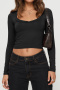 six colors casual stretch square neck long sleeve slim cropped t-shirt_Black