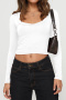 six colors casual stretch square neck long sleeve slim cropped t-shirt_Black_White