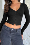 casual stretch single-breasted ribbed long sleeve solid slim cropped tops_Black