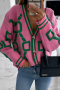 casual slight stretch contrast color letter knit cardigan_Dark Gray_Pink