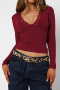 casual stretch lace v-neck solid color long sleeve slim t-shirt_Black_White_Rose Red