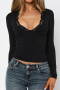casual stretch lace v-neck solid color long sleeve slim t-shirt_Black